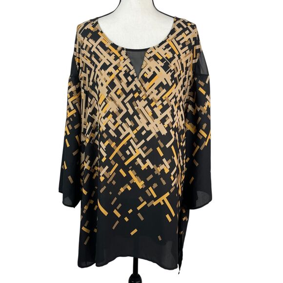 Catherines Tunic Top Plus Size 3X (26/28W) Geometric Long Sleeve Sheer Blouse - Picture 1 of 10